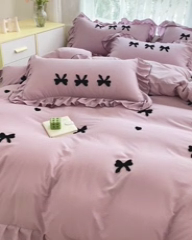 91家纺网 家纺一手货源 找家纺 梦之岛 2024新款超柔泡泡棉皱皱纱蝴蝶结毛巾绣四件套 蝴蝶结-紫