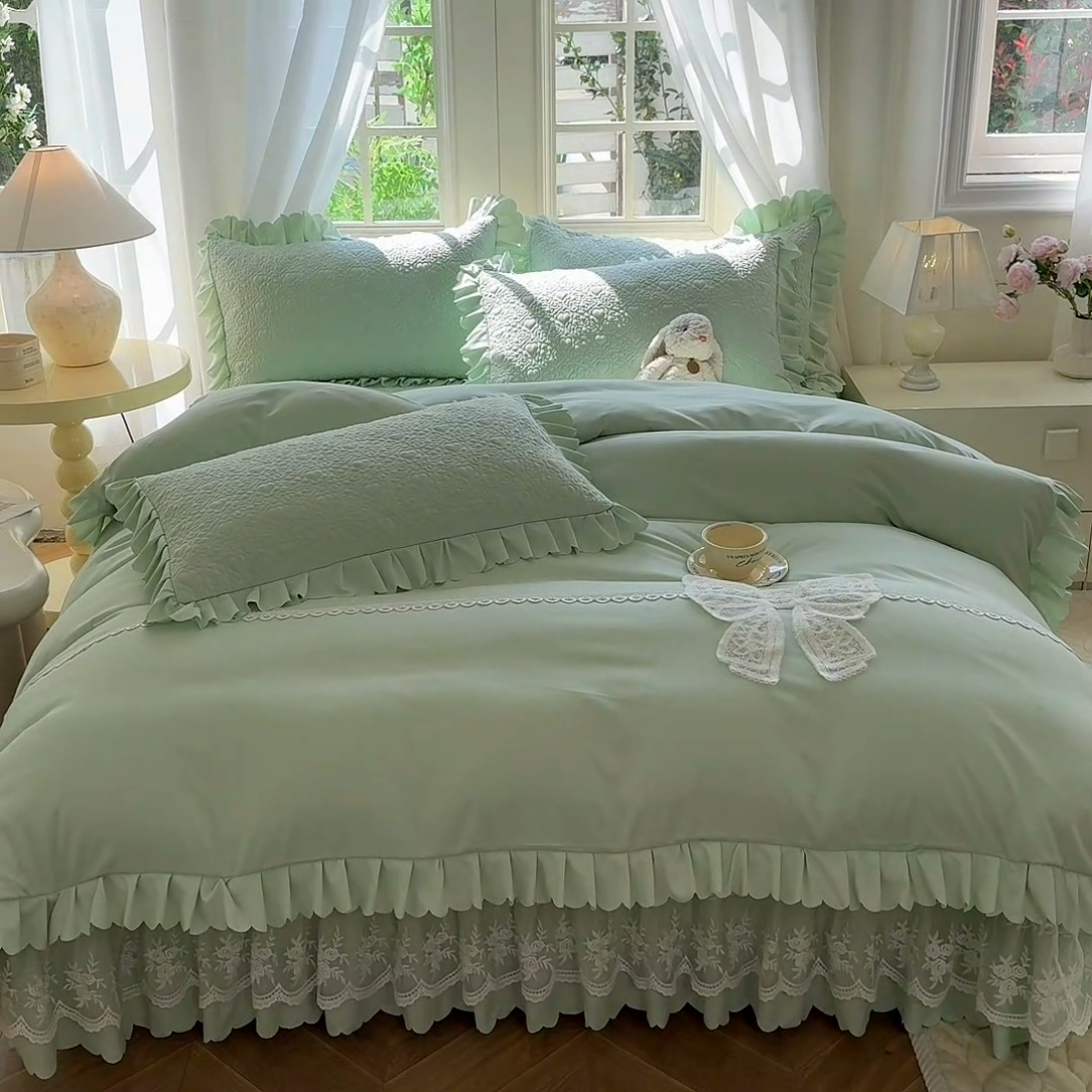 91家纺网 家纺一手货源 找家纺 唐人居 2025新款韩式花边蝴蝶结床盖四件套-浪漫满屋 浪漫满屋-水绿