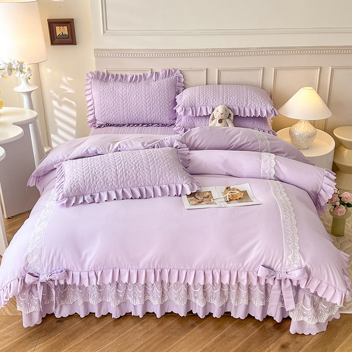 91家纺网 家纺一手货源 找家纺 唐人居 2025新款韩式花边蝴蝶结床盖四件套-优雅恋人 优雅恋人-浅紫