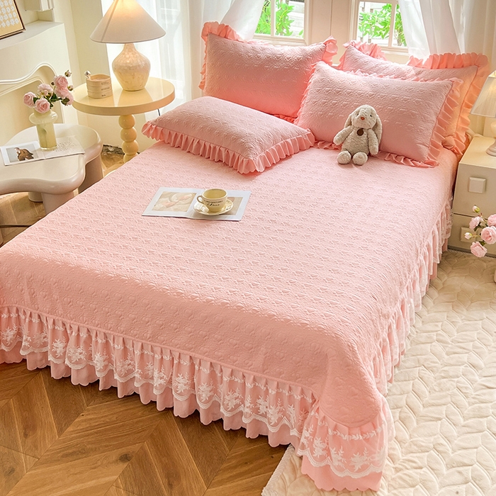 91家纺网 家纺一手货源 找家纺 唐人居 2025新款韩式花边蝴蝶结床盖四件套-浪漫满屋 浪漫满屋-浅粉