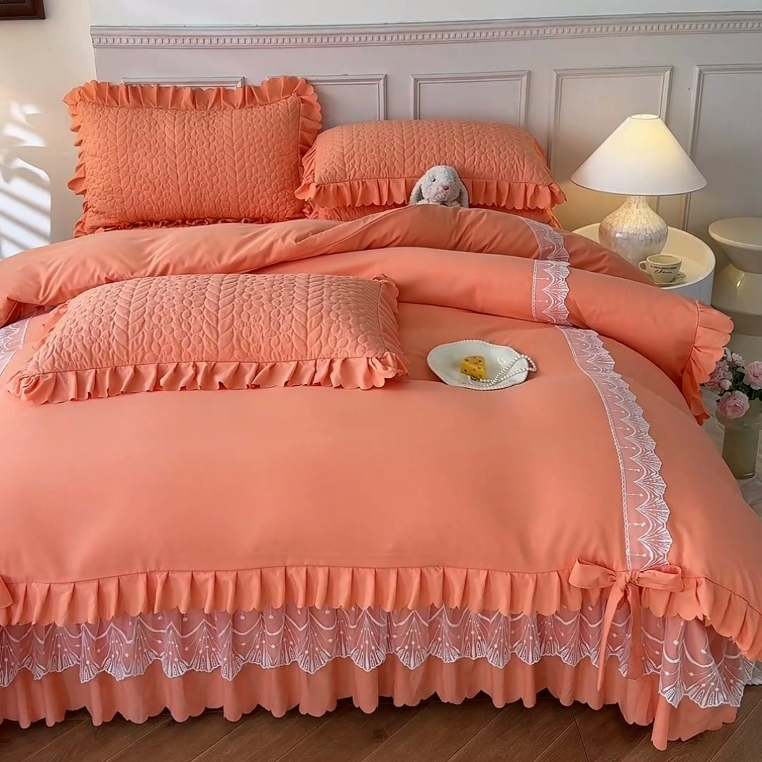 91家纺网 家纺一手货源 找家纺 唐人居 2025新款韩式花边蝴蝶结床盖四件套-优雅恋人 优雅恋人-橘橙