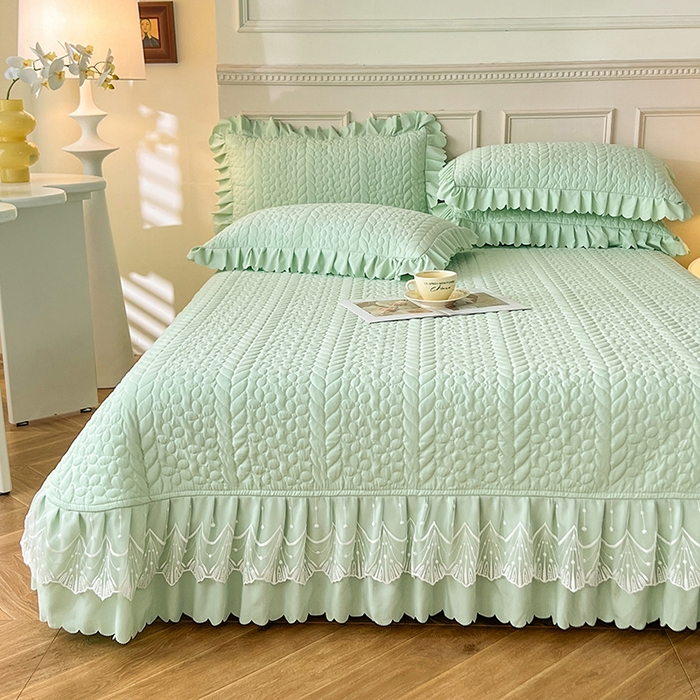 91家纺网 家纺一手货源 找家纺 唐人居 2025新款韩式花边蝴蝶结床盖四件套-优雅恋人 优雅恋人-水绿