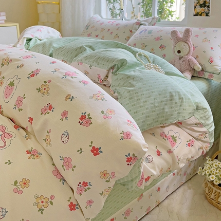 91家纺网 家纺一手货源 找家纺 （总）乐童家纺 2024新款直播爆款13070纯棉印花吊边款一字绣四件套第九波