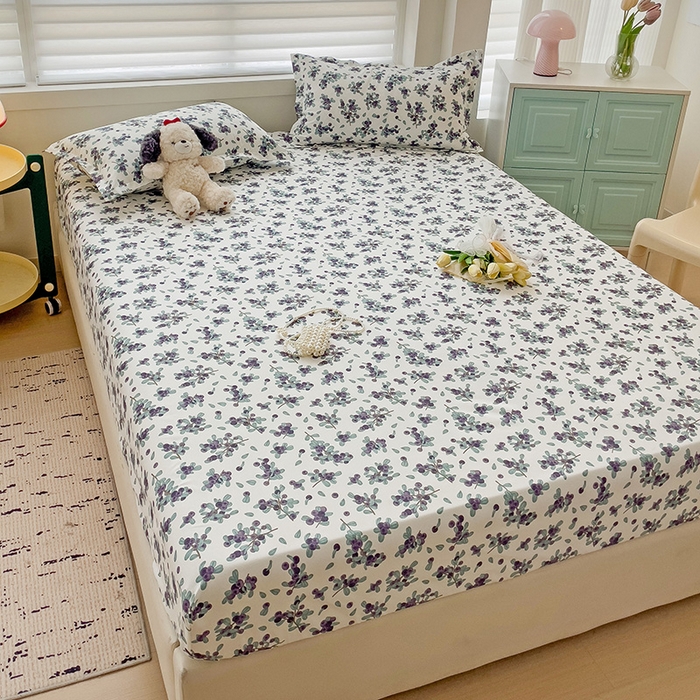 91家纺网 家纺一手货源 找家纺 楠沐家纺 2025新款亲肤印花芦荟棉水洗棉床笠系列 紫雅