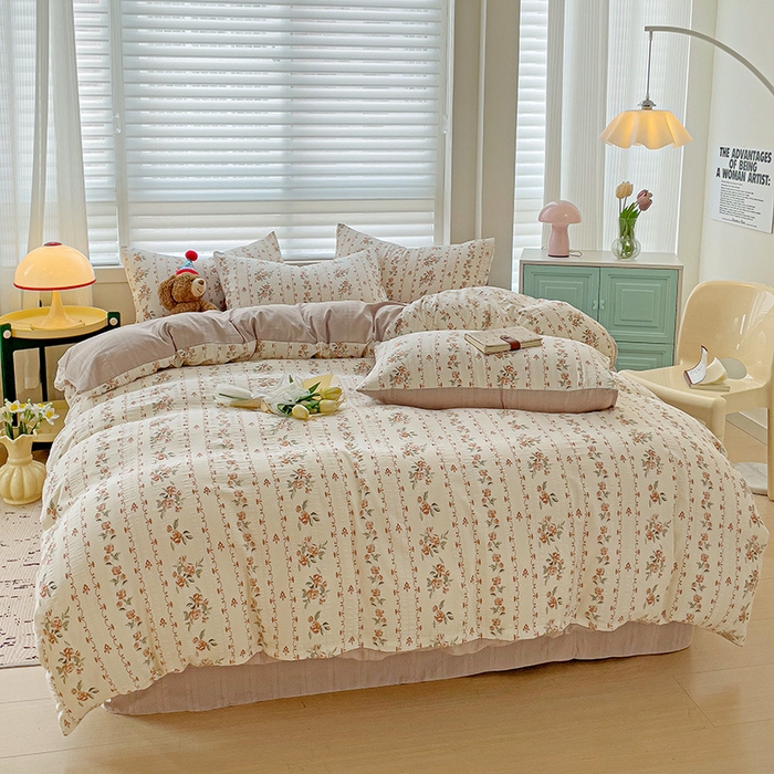 91家纺网 家纺一手货源 找家纺 优选良品 2025新款有氧提花云纱棉圆角吊边工艺款四件套学生三件套 玫瑰庄园