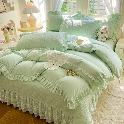 唐人居 2025新款韩式花边蝴蝶结床盖四件套-浪漫满屋 浪漫满屋-水绿