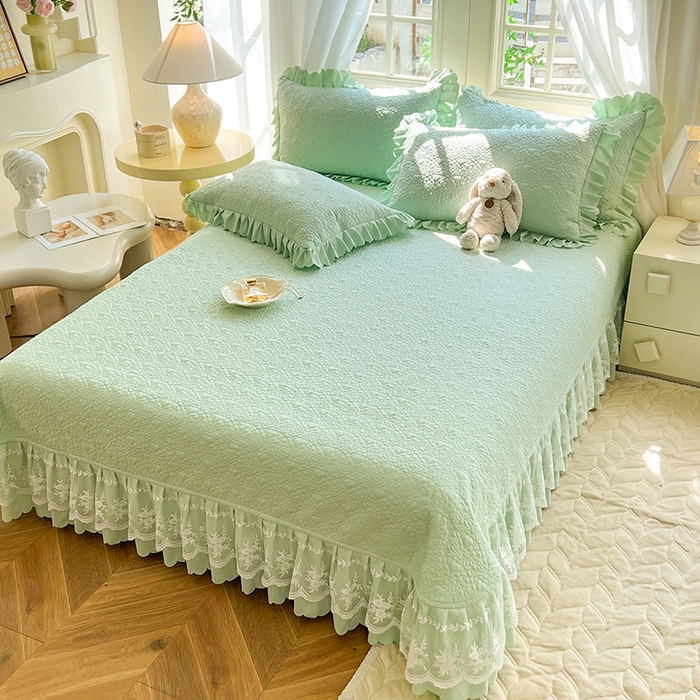 91家纺网 家纺一手货源 找家纺 唐人居 2025新款韩式花边蝴蝶结床盖四件套-浪漫满屋 浪漫满屋-水绿