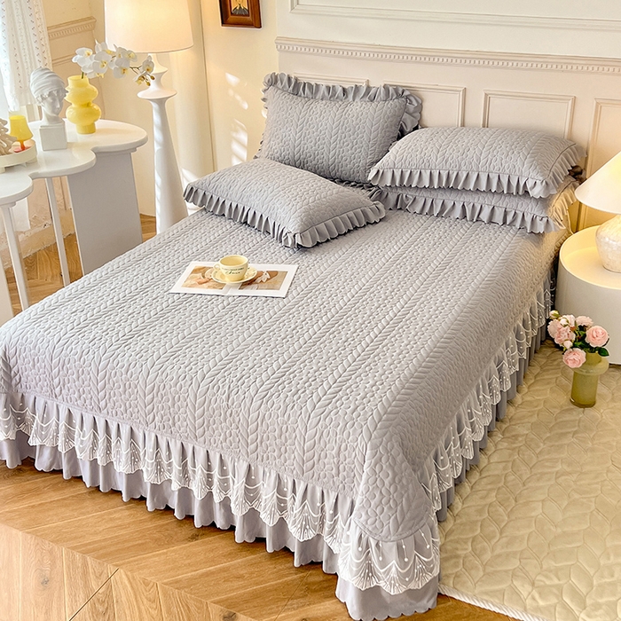 91家纺网 家纺一手货源 找家纺 唐人居 2025新款韩式花边蝴蝶结床盖四件套-优雅恋人 优雅恋人-浅灰