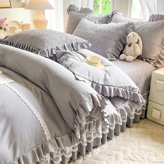 91家纺网 家纺一手货源 找家纺 唐人居 2025新款韩式花边蝴蝶结床盖四件套-浪漫满屋 浪漫满屋-浅灰