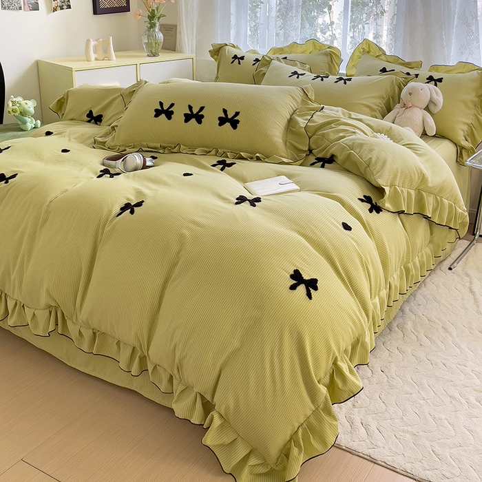 91家纺网 家纺一手货源 找家纺 梦之岛 2024新款超柔泡泡棉皱皱纱蝴蝶结毛巾绣四件套 蝴蝶结-绿