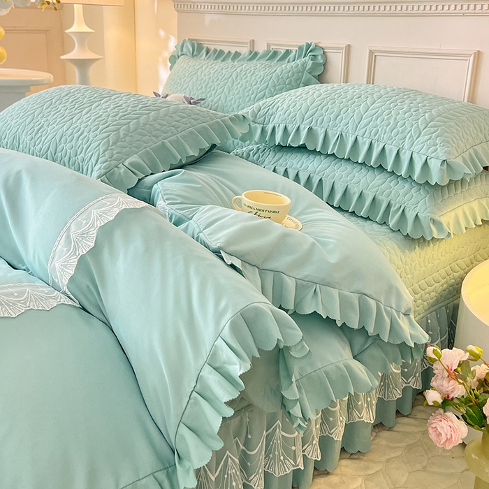 91家纺网 家纺一手货源 找家纺 唐人居 2025新款韩式花边蝴蝶结床盖四件套-优雅恋人 优雅恋人-水兰