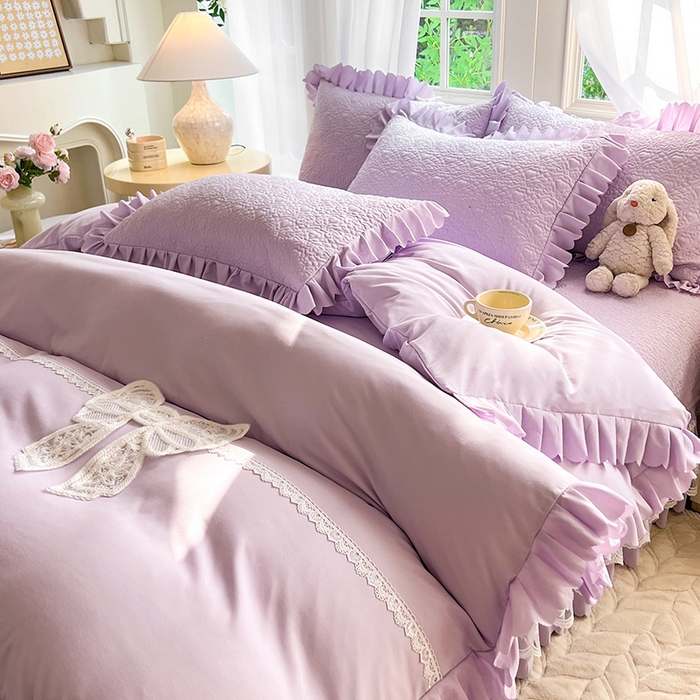 91家纺网 家纺一手货源 找家纺 唐人居 2025新款韩式花边蝴蝶结床盖四件套-浪漫满屋 浪漫满屋-浅紫