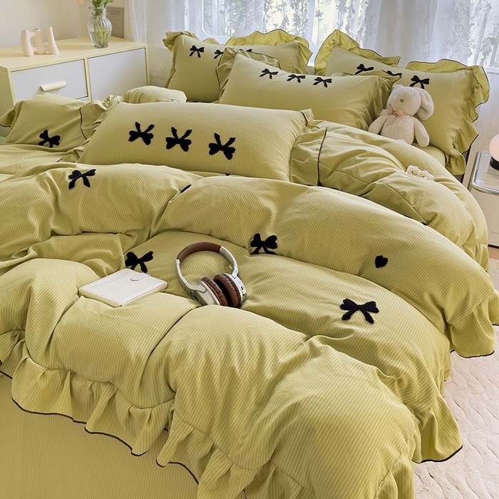 91家纺网 家纺一手货源 找家纺 梦之岛 2024新款超柔泡泡棉皱皱纱蝴蝶结毛巾绣四件套 蝴蝶结-绿