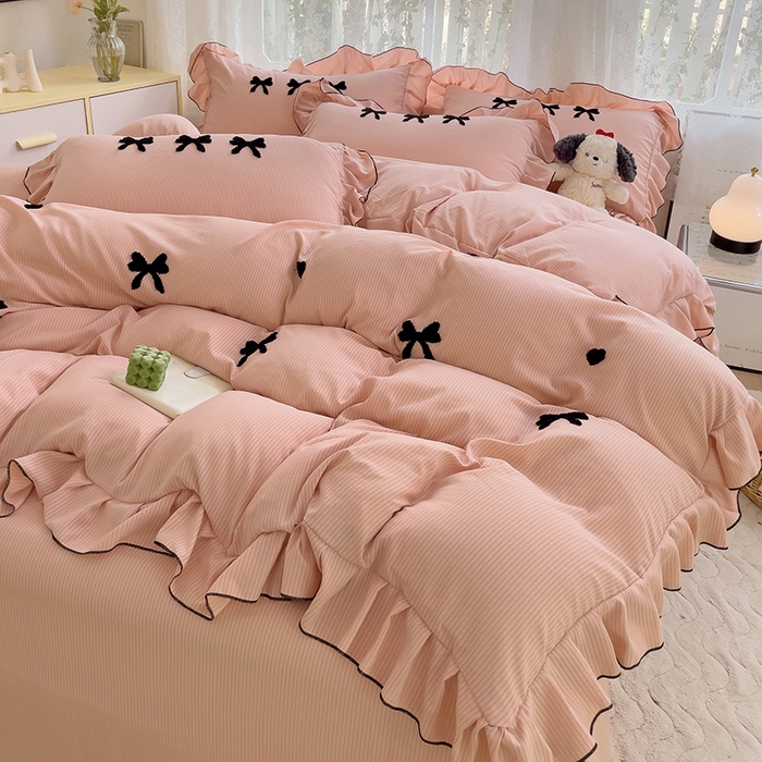 91家纺网 家纺一手货源 找家纺 梦之岛 2024新款超柔泡泡棉皱皱纱蝴蝶结毛巾绣四件套 蝴蝶结-玉