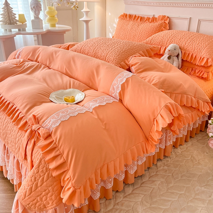 91家纺网 家纺一手货源 找家纺 唐人居 2025新款韩式花边蝴蝶结床盖四件套-优雅恋人 优雅恋人-橘橙