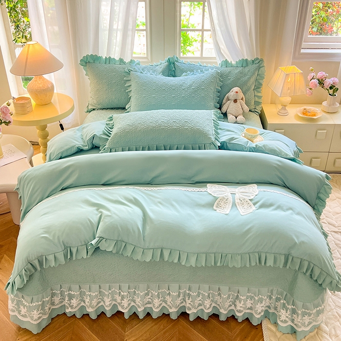 91家纺网 家纺一手货源 找家纺 唐人居 2025新款韩式花边蝴蝶结床盖四件套-浪漫满屋 浪漫满屋-水兰