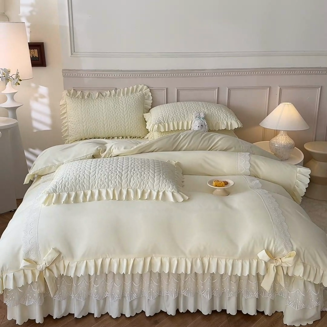 91家纺网 家纺一手货源 找家纺 唐人居 2025新款韩式花边蝴蝶结床盖四件套-优雅恋人 优雅恋人-奶白