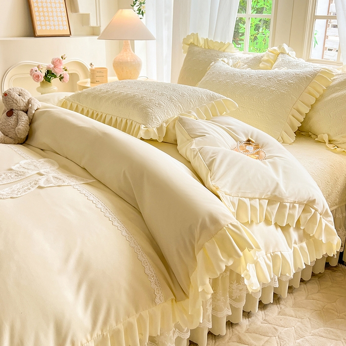 91家纺网 家纺一手货源 找家纺 唐人居 2025新款韩式花边蝴蝶结床盖四件套-浪漫满屋 浪漫满屋-奶白