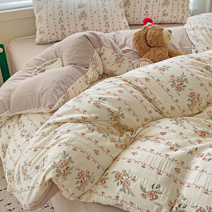 91家纺网 家纺一手货源 找家纺 优选良品 2025新款有氧提花云纱棉圆角吊边工艺款四件套学生三件套 玫瑰庄园