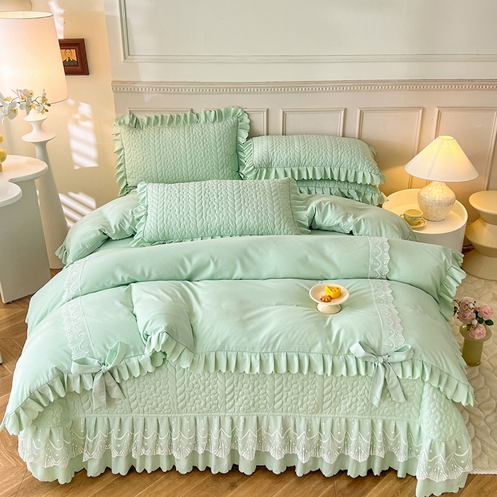 91家纺网 家纺一手货源 找家纺 唐人居 2025新款韩式花边蝴蝶结床盖四件套-优雅恋人 优雅恋人-水绿