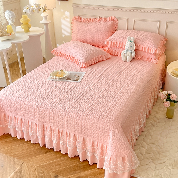 91家纺网 家纺一手货源 找家纺 唐人居 2025新款韩式花边蝴蝶结床盖四件套-优雅恋人 优雅恋人-浅粉