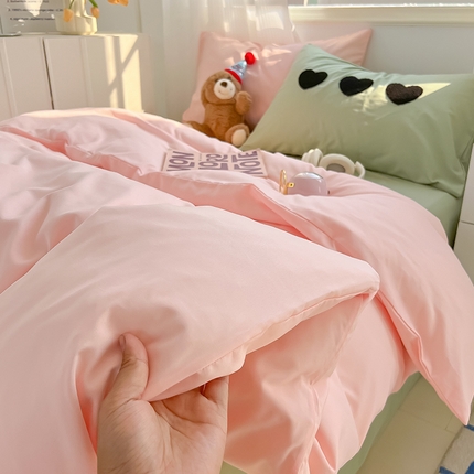 眠帛家居 2024新款A类奶油风小清新毛巾绣暖心系列水洗棉床上用品三件套四件套 暖心-奶油粉