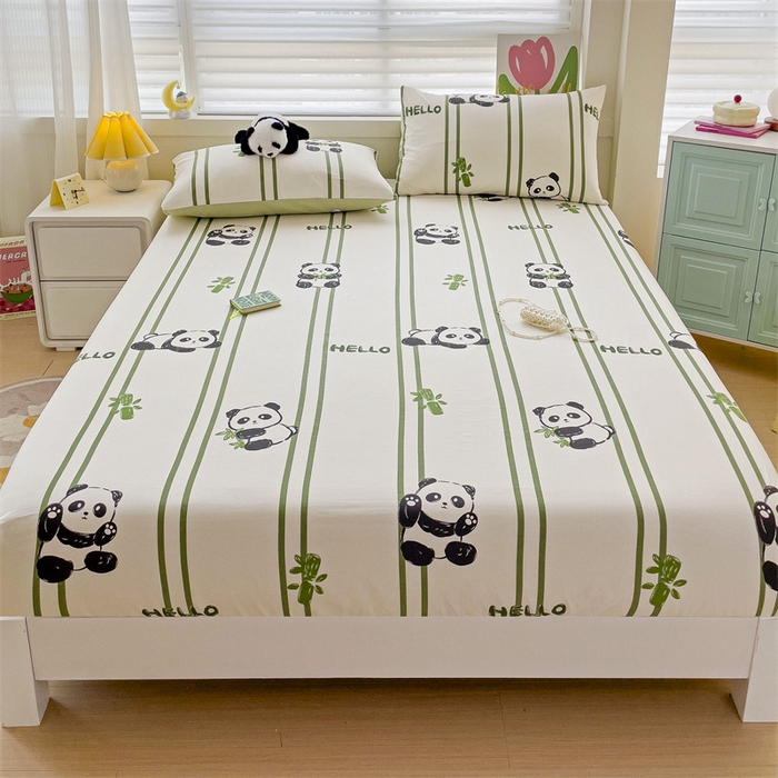 91家纺网 家纺一手货源 找家纺 名兮家居 2024新款全棉卡通印花床笠 呆萌熊猫