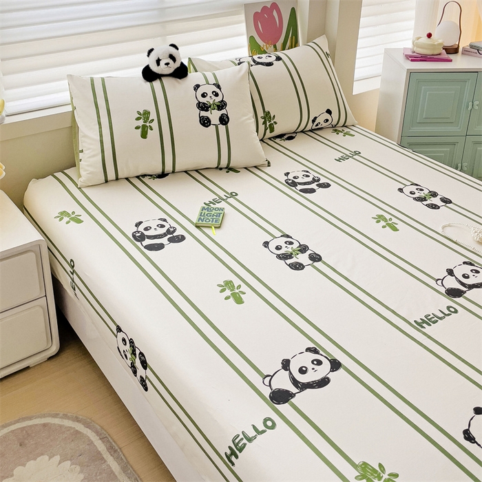91家纺网 家纺一手货源 找家纺 名兮家居 2024新款全棉卡通印花床笠 呆萌熊猫