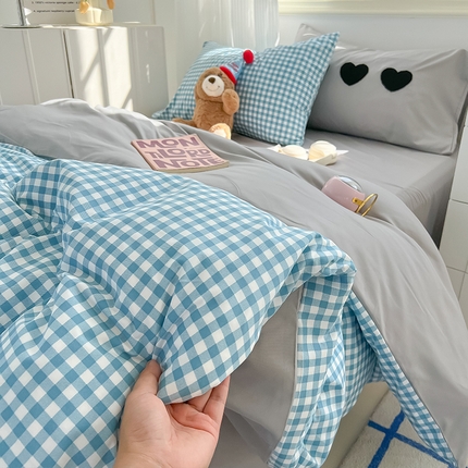 眠帛家居 2024新款A类奶油风小清新毛巾绣暖心系列水洗棉床上用品三件套四件套 暖心-沉静蓝格