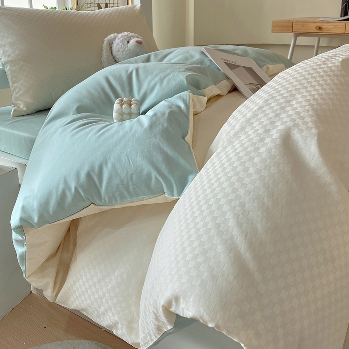 91家纺网 家纺一手货源 找家纺 金鑫汇家纺 2024新款A类长绒棉提花学生套件 奶昔白+水绿