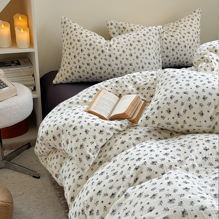 91家纺网 家纺一手货源 找家纺 萝莉家纺 2025新款全棉双层皱皱纱四件套（第三批） 小黑花