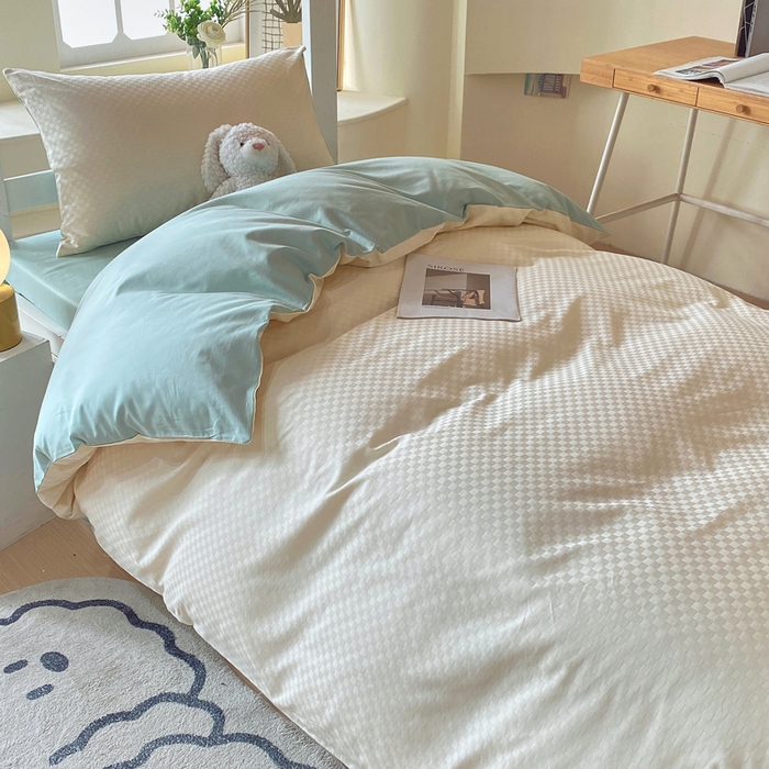 91家纺网 家纺一手货源 找家纺 金鑫汇家纺 2024新款A类长绒棉提花学生套件 奶昔白+水绿