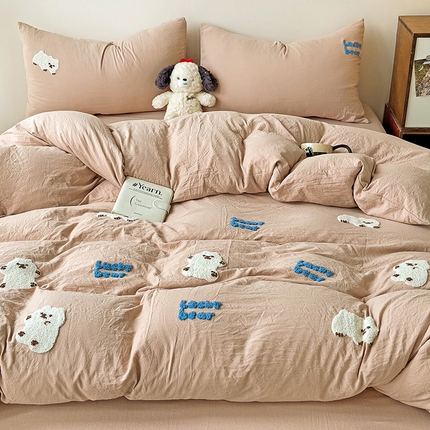 91家纺网 家纺一手货源 找家纺 韩巢家纺 2024新款四季通用超柔水洗棉毛巾绣四件套-小白熊系列（提供卖家秀） 小白熊 浅咖