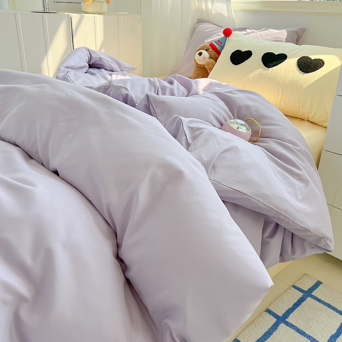 91家纺网 家纺一手货源 找家纺 眠帛家居 2024新款A类奶油风小清新毛巾绣暖心系列水洗棉床上用品三件套四件套 暖心-香芋紫