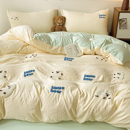 韩巢家纺 2024新款四季通用超柔水洗棉毛巾绣四件套-小白熊系列（提供卖家秀） 小白熊 奶黄绿
