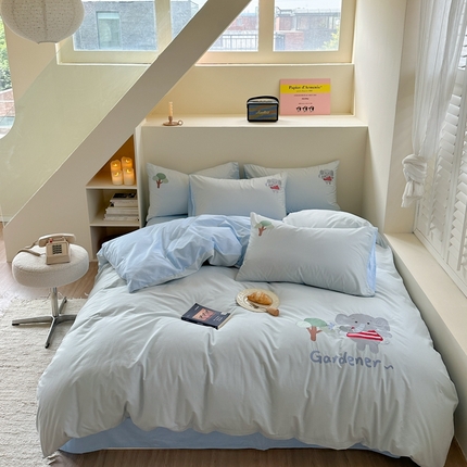 眠屿家纺 2024新款40支全棉水洗棉平绣绣花四件套 小象-蓝