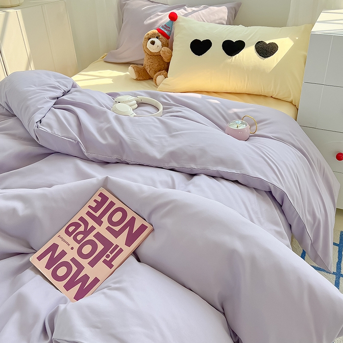 91家纺网 家纺一手货源 找家纺 眠帛家居 2024新款A类奶油风小清新毛巾绣暖心系列水洗棉床上用品三件套四件套 暖心-香芋紫