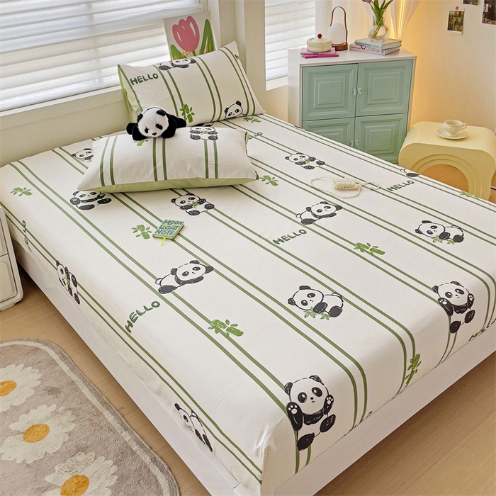 91家纺网 家纺一手货源 找家纺 名兮家居 2024新款全棉卡通印花床笠 呆萌熊猫