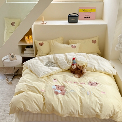 眠屿家纺 2024新款40支全棉水洗棉平绣绣花四件套 电话熊