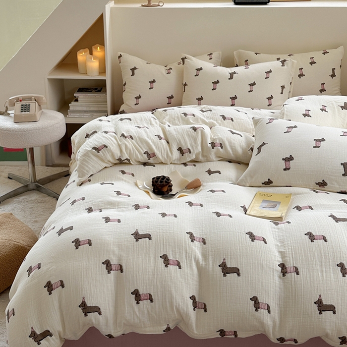 91家纺网 家纺一手货源 找家纺 萝莉家纺 2025新款全棉双层皱皱纱四件套（第三批） 腊肠狗粉