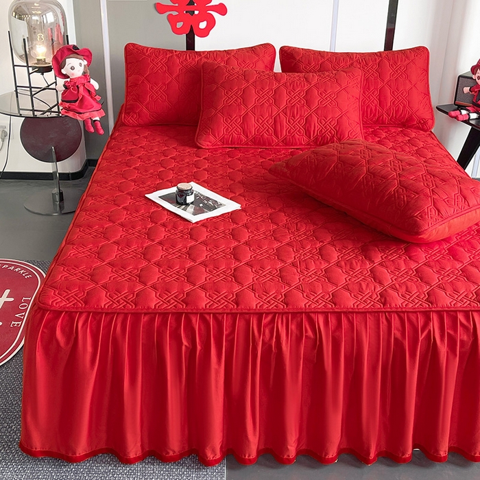 91家纺网 家纺一手货源 找家纺 3C 2024新款A类喜嫁全棉大豆床裙系列 喜结连理