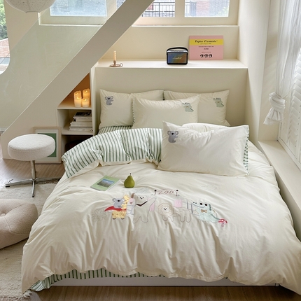 眠屿家纺 2024新款40支全棉水洗棉平绣绣花四件套 动物园