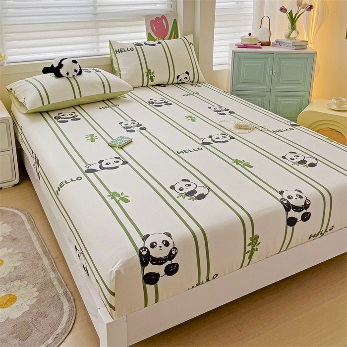 91家纺网 家纺一手货源 找家纺 名兮家居 2024新款全棉卡通印花床笠 呆萌熊猫