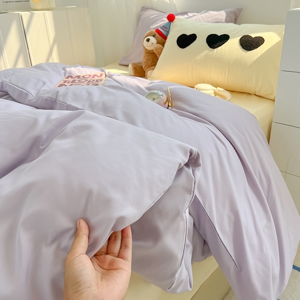 眠帛家居 2024新款A类奶油风小清新毛巾绣暖心系列水洗棉床上用品三件套四件套 暖心-香芋紫