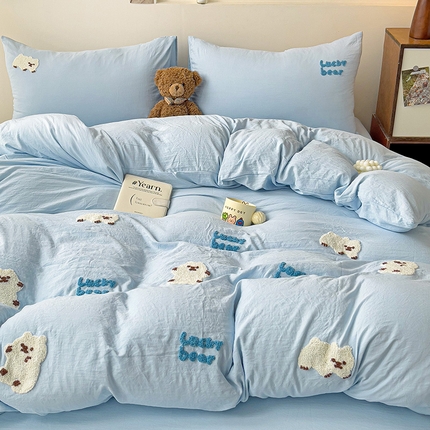 韩巢家纺 2024新款四季通用超柔水洗棉毛巾绣四件套-小白熊系列（提供卖家秀） 小白熊 浅蓝