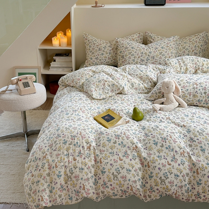 91家纺网 家纺一手货源 找家纺 萝莉家纺 2025新款全棉双层皱皱纱四件套（第三批） 花园鹿