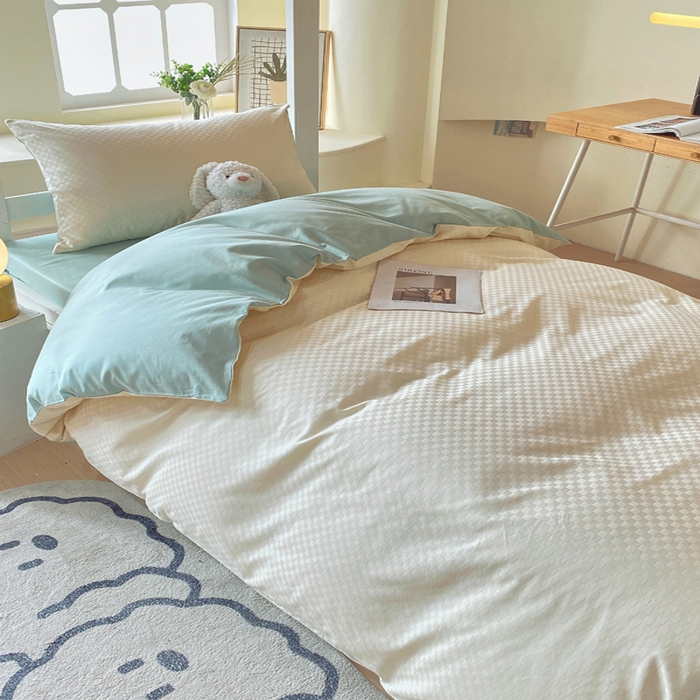 91家纺网 家纺一手货源 找家纺 金鑫汇家纺 2024新款A类长绒棉提花学生套件 奶昔白+水绿