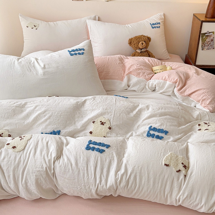 91家纺网 家纺一手货源 找家纺 韩巢家纺 2024新款四季通用超柔水洗棉毛巾绣单件被套-小白熊系列（提供卖家秀 ） 小白熊 白浅粉