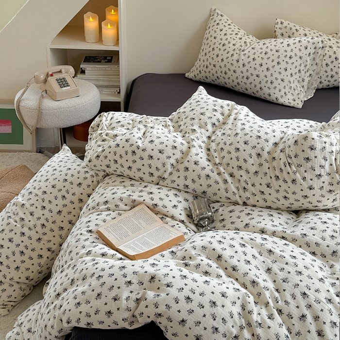 91家纺网 家纺一手货源 找家纺 萝莉家纺 2025新款全棉双层皱皱纱四件套（第三批） 小黑花