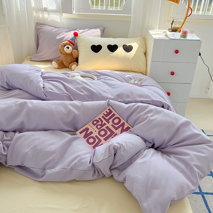 91家纺网 家纺一手货源 找家纺 眠帛家居 2024新款A类奶油风小清新毛巾绣暖心系列水洗棉床上用品三件套四件套 暖心-香芋紫